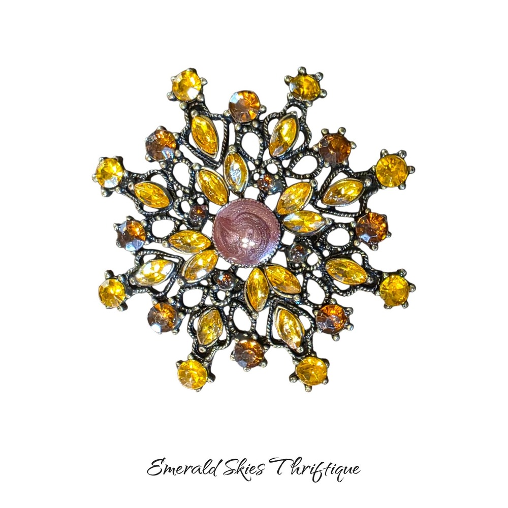 Large vintage starburst filagree Rhinestone Brooch Pin sparkle amber free ship